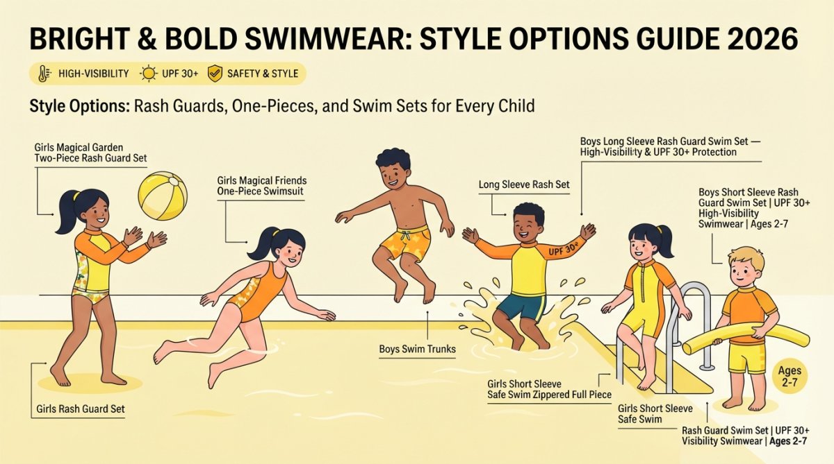 Group of children of different ages wearing bright, colorful high-visibility swimwear playing together in a pool, showing variety of styles from rash guards to one-pieces with natural water and sunlight