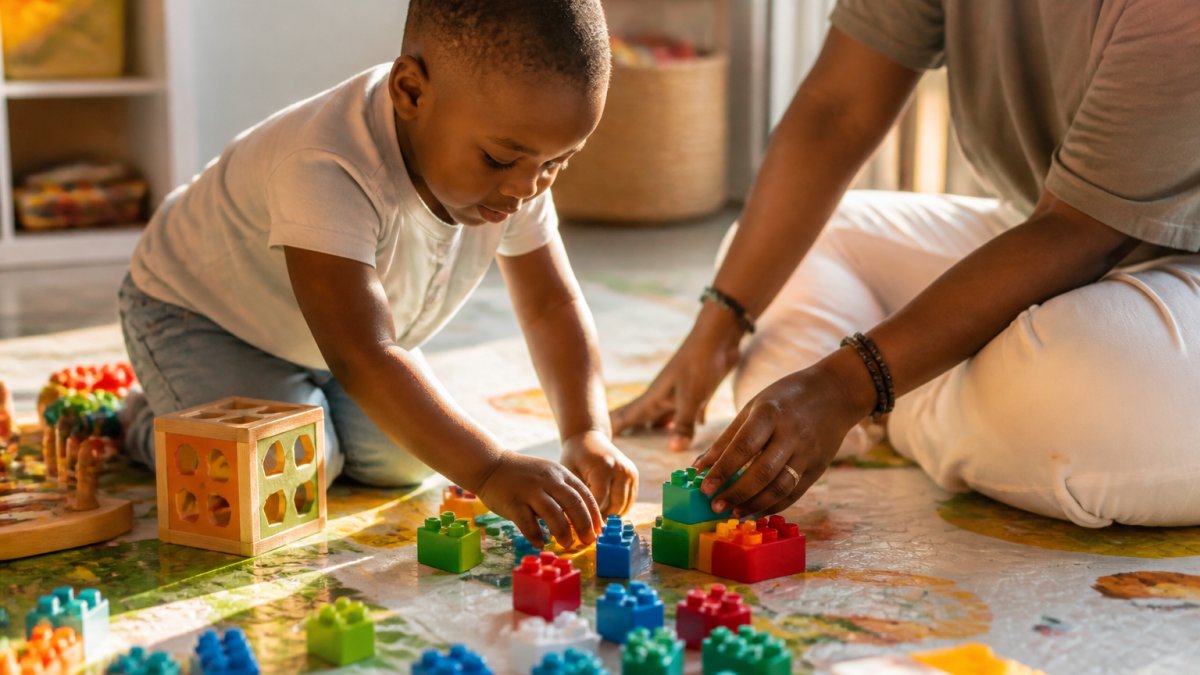 A young child playing with colourful building blocks and learning toys on a bright, clean play mat indoors, natural sunlight streaming through windows