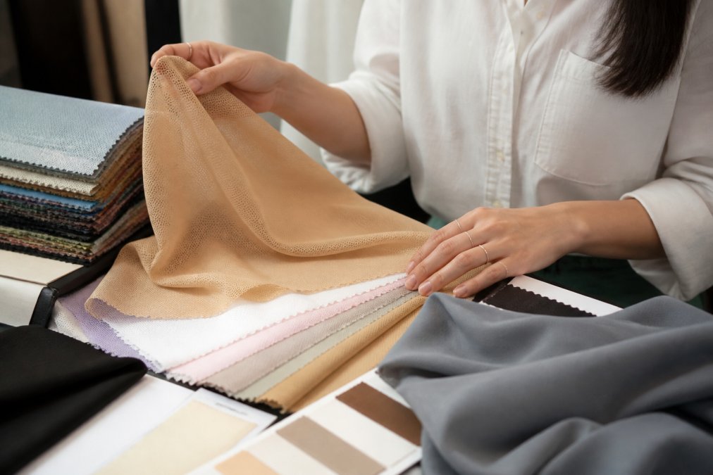 Close-up of a designer's hands examining multiple fabric swatches and textile samples on a work table, showing different textures, weights, and weaves under natural studio lighting