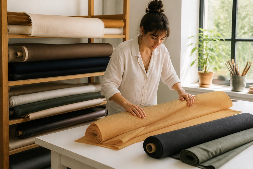 A fashion designer or independent maker arranging and organizing multiple fabric rolls and bolts by weight and fiber content in a bright home studio workspace with natural window lighting