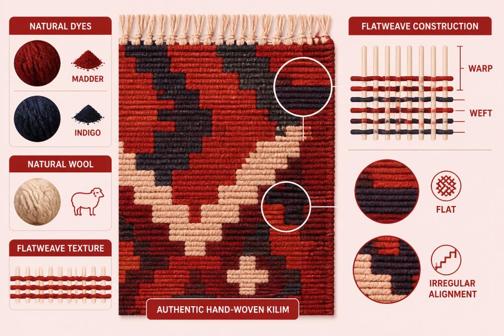 Close-up of authentic hand-woven kilim rug showing detailed warp and weft textile construction with natural indigo and madder-dyed wool fibers, highlighting the flatweave texture and irregular pattern alignment characteristic of authentic hand-woven pieces