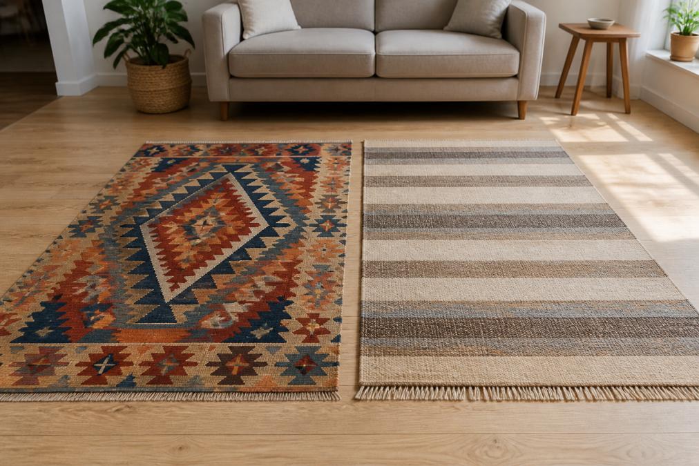 Bold geometric kilim rugs and striped dhurrie rugs styled together on a sunlit wooden living room floor.