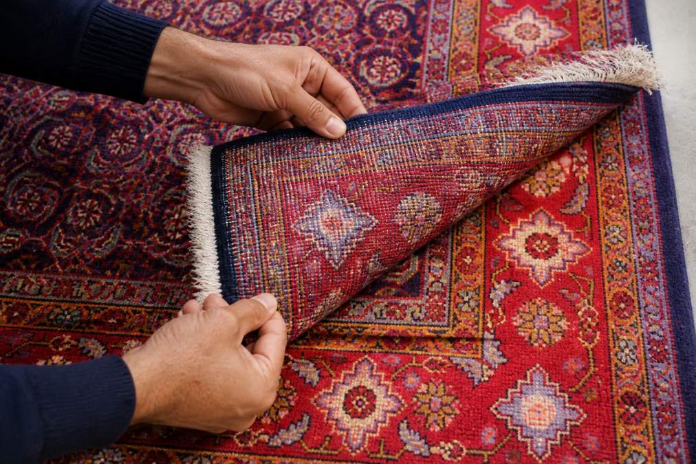 Close-up of hands carefully inspecting the back and weave structure of a handmade kilim rug, showing the flat-weave textile with natural wool fibers and traditional dye patterns under natural daylight