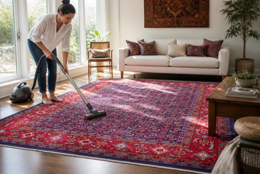 Homeowner gently vacuuming a kilim rug in a bright, naturally lit living room with morning sunlight streaming through windows, demonstrating proper maintenance technique on a geometric patterned textile