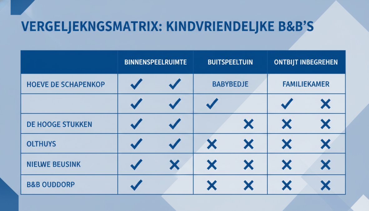 Vergelijkingsmatrix van 5 kindvriendelijke B&B's: kolommen = binnenspeelruimte, buitenspeeltuin, babybedje beschikbaar, familiekamer, ontbijt inbegrepen. Rijen = Hoeve de Schapenkop, De Hooge Stukken, Olthuys, Nieuwe Beusink, B&B Ouddorp. Vinkjes of kruisjes per cel.