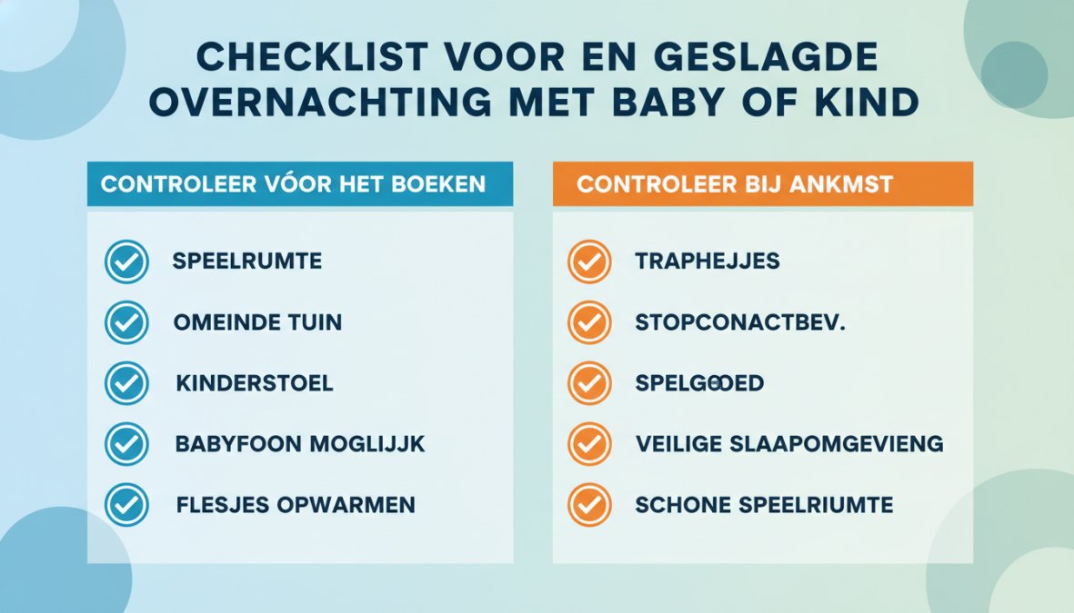Visuele checklist-diagram met twee kolommen: 'Controleer vóór het boeken' (6 punten: speelruimte aanwezig, omheinde tuin, babybedje beschikbaar, kinderstoel bij ontbijt, babyfoon mogelijk, opwarmen flesjes) en 'Controleer bij aankomst' (5 punten: traphekjes aanwezig, stopcontactbeveiliging, speelgoed aanwezig, veilige slaapomgeving, schone speelruimte). Vinkje-iconen per punt.