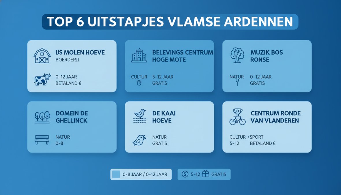 Overzichtsdiagram met 6 kindvriendelijke uitstapjes Vlaamse Ardennen, inclusief locaties, thema's en prijsinformatie.