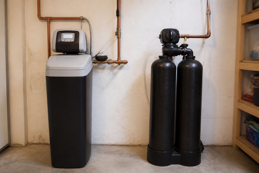 Side-by-side view of two residential water softener units installed in a home utility room: one with a digital control panel and wiring, the other with a simple mechanical valve head and twin tanks
