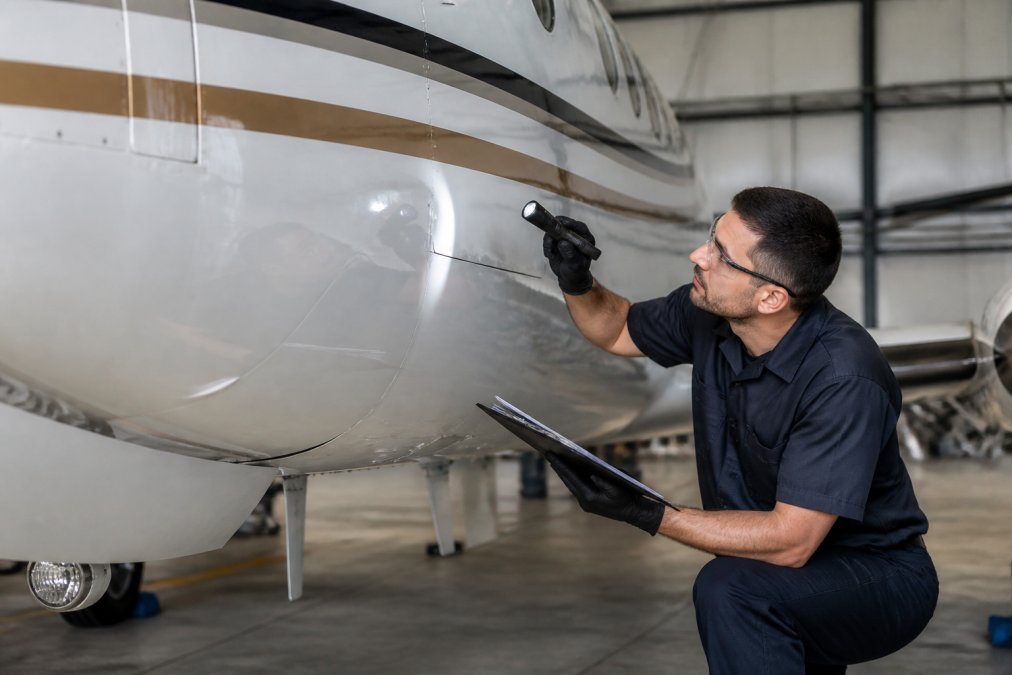 Experienced aircraft mechanic performing detailed inspection of King Air fuselage with checklist and inspection light in hangar bay