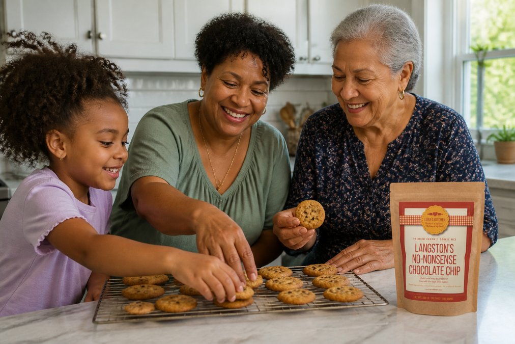 A diverse group of three people of different ages and backgrounds, including a young Black child, an older person, and a middle-aged adult, gathered around a kitchen counter with freshly baked cookies cooling on a wire rack, smiling and reaching for a cookie together