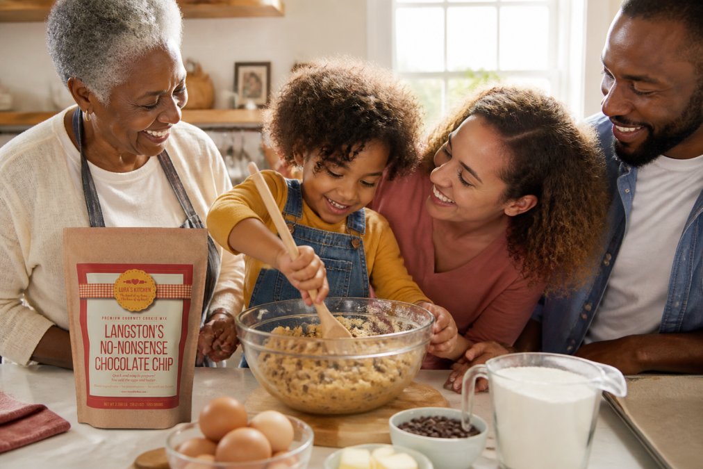 Close-up of hands with diverse skin tones mixing cookie dough in a bowl with a wooden spoon, with baking ingredients and a cookie mix box visible nearby on a bright kitchen counter with natural morning light streaming in