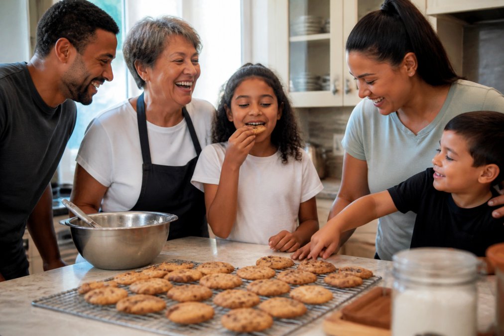 Diverse group enjoying homemade cookies with Lura's Kitchen baking alternatives in a bright home kitchen.
