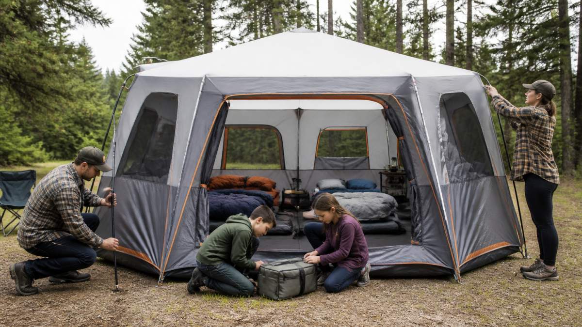 A family of four setting up a large cabin-style tent at a campsite with evergreen trees in the background, showing the spacious interior with standing headroom and sleeping arrangements visible