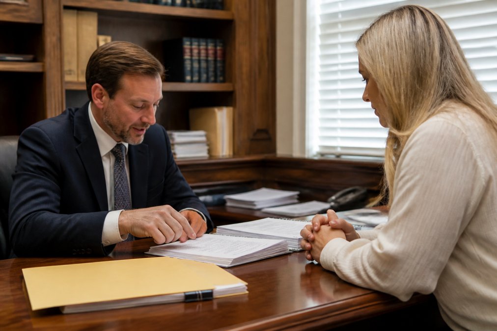 Attorney meeting with client in professional office setting, reviewing case documents and discussing settlement strategy with natural office lighting