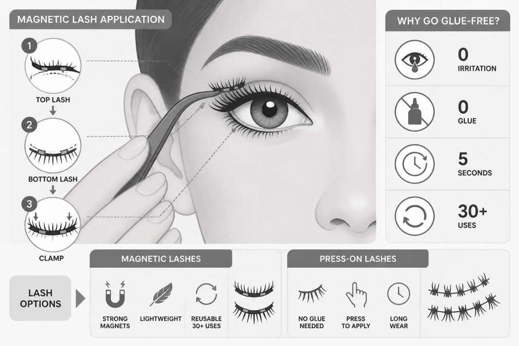 Professional demonstrating application of magnetic lashes to eye area with tweezers, showing precise placement technique with natural studio lighting