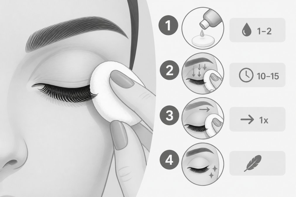 Close-up of hands using soft cotton pad to gently remove false lashes from eye area with makeup remover, showing careful technique near sensitive eyelid skin