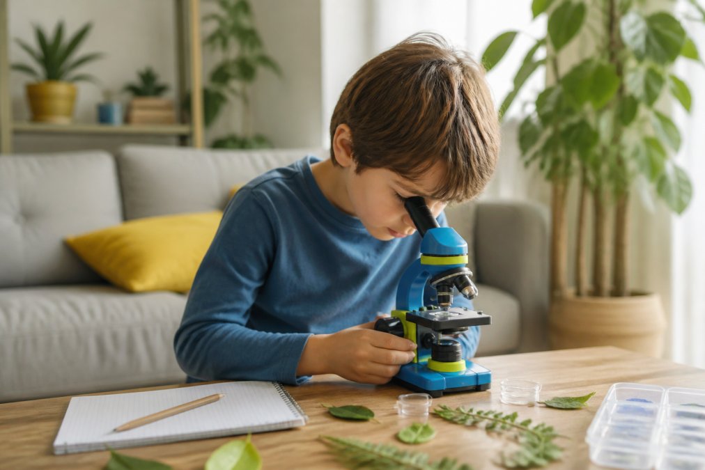 Un enfant d'environ huit ans regarde dans un microscope portable coloré posé sur une table en bois, des feuilles et un carnet de notes à côté, dans un salon lumineux avec des plantes en arrière-plan
