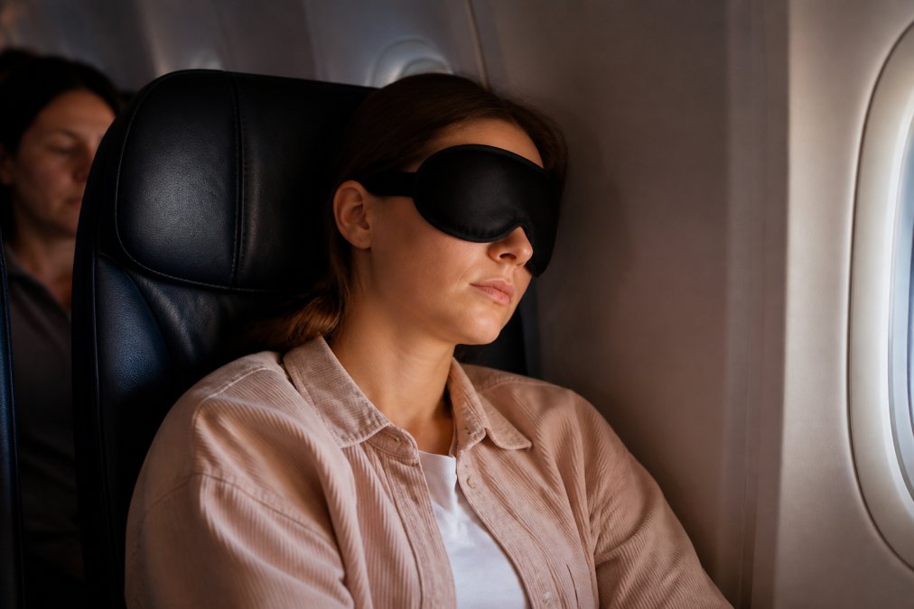 Voyageuse assise en cabine d'avion, portant un masque de sommeil 3D noir, la tête appuyée contre l'appuie-tête, lumière tamisée autour d'elle