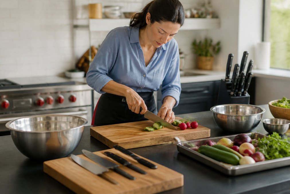 A host actively preparing food at a well-organized kitchen counter with professional-grade cutting boards, chef's knives, and stainless steel mixing bowls arranged neatly under bright natural lighting