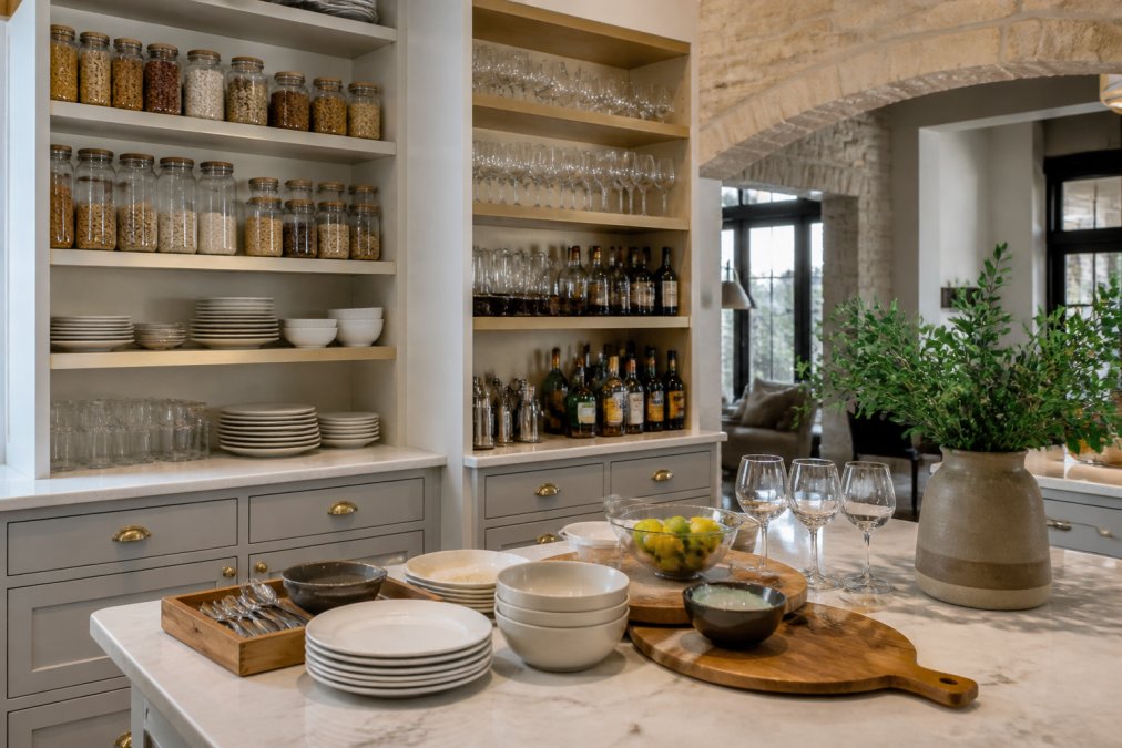 An open, well-organized kitchen with neatly labeled airtight storage containers on accessible shelving, organized barware in clear view, and serving dishes arranged by frequency of use, ready for entertaining guests