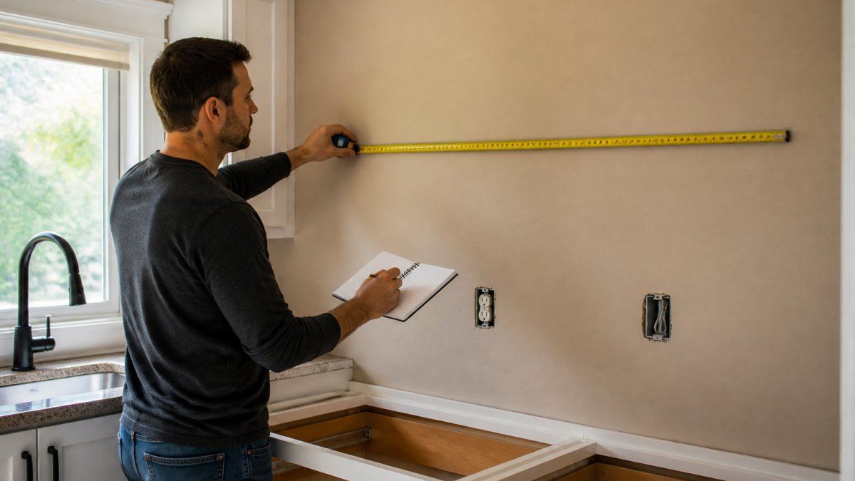 Step-by-step diagram illustrating how to measure kitchen walls for new cabinet installation.