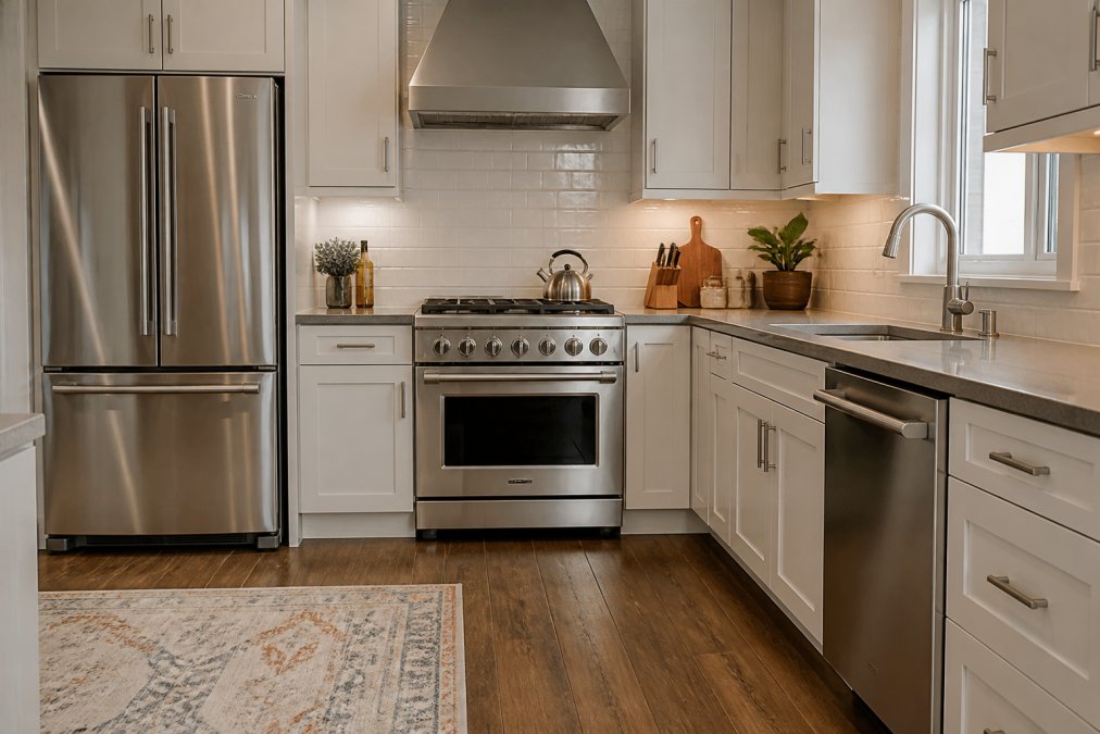 Modern kitchen with stainless steel gas range, matching refrigerator, and integrated dishwasher visible, showing coordinated appliance design and professional finish