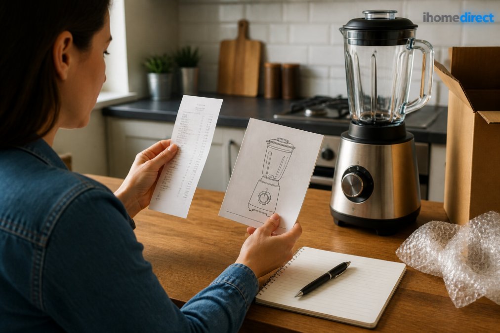 Person holding a blender receipt and instruction manual at a kitchen counter, preparing to contact customer service