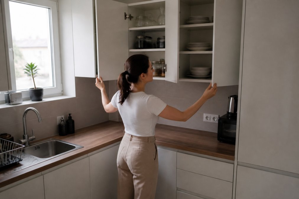 Person in a compact modern flat kitchen opening cabinet doors to assess storage space, with limited countertop visible and natural light from a small window, examining where appliances could fit