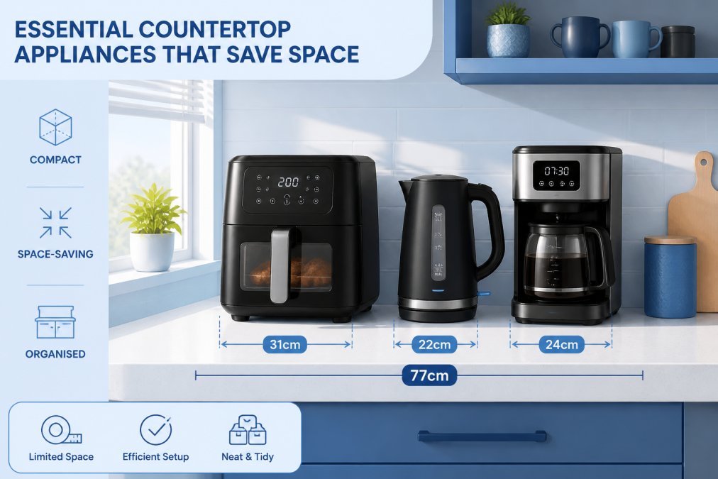 Close-up of a small kitchen counter with a compact air fryer, electric kettle, and coffee maker arranged neatly on limited countertop space, with morning light streaming through a window, showing space-efficient appliance organisation