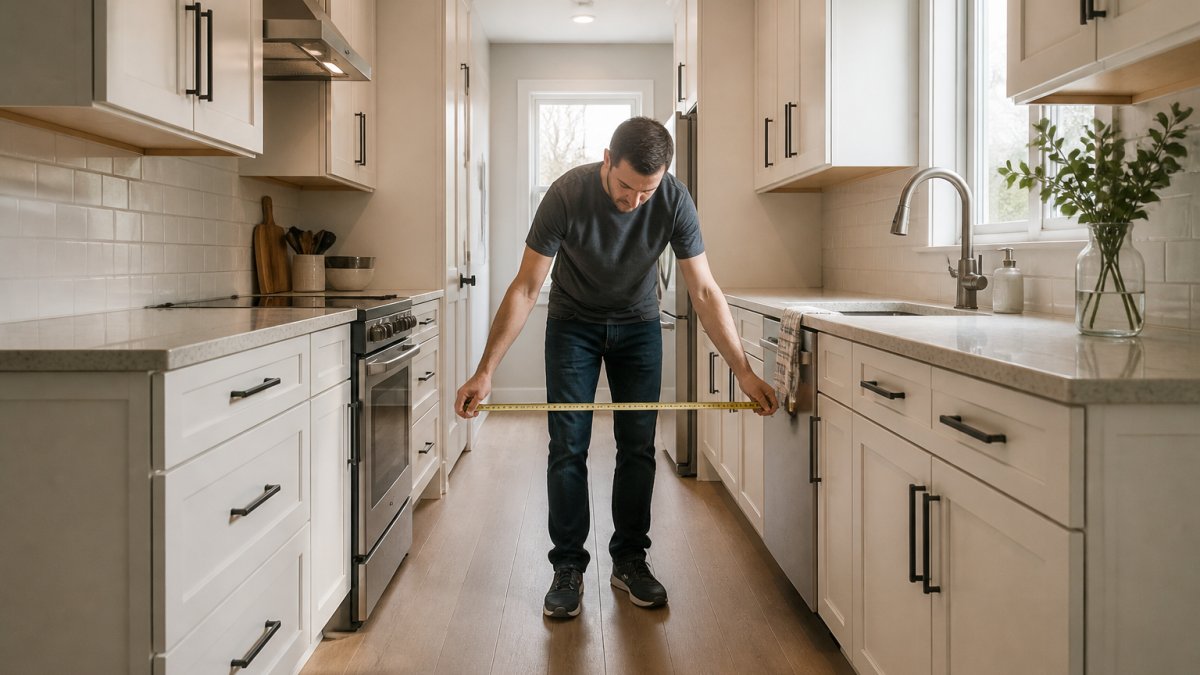 A narrow galley kitchen with white Shaker cabinets on both walls, a homeowner standing at the sink measuring the walkway with a tape measure, natural light from a window at the end of the corridor