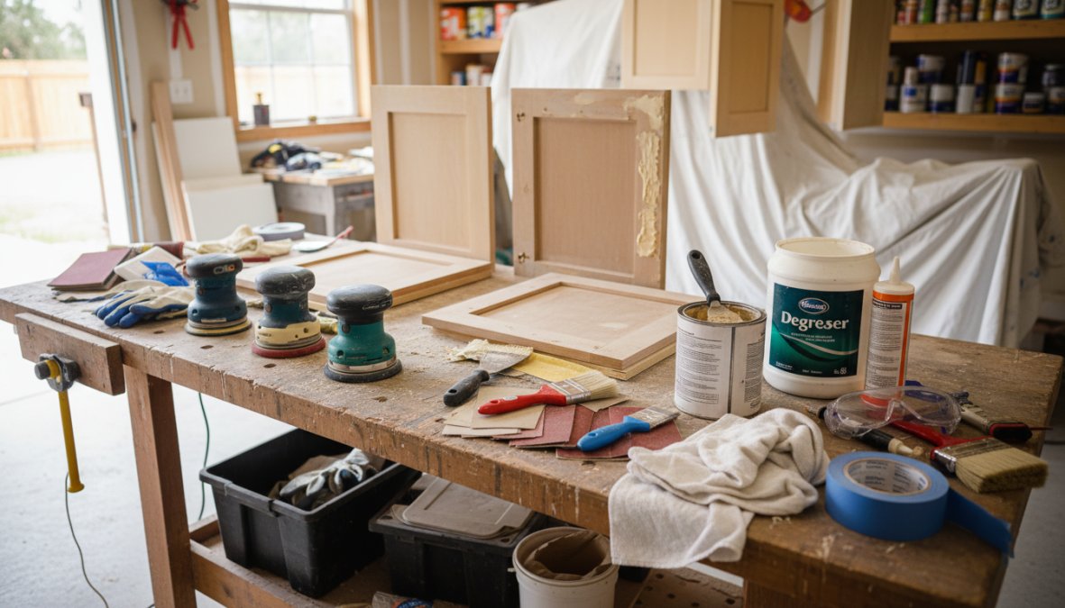 Close-up of a homeowner wearing rubber gloves wiping down a bare wooden cabinet door with a degreaser-soaked cloth, a sanding block and folded tack cloth visible on the counter nearby in a bright, well-lit kitchen