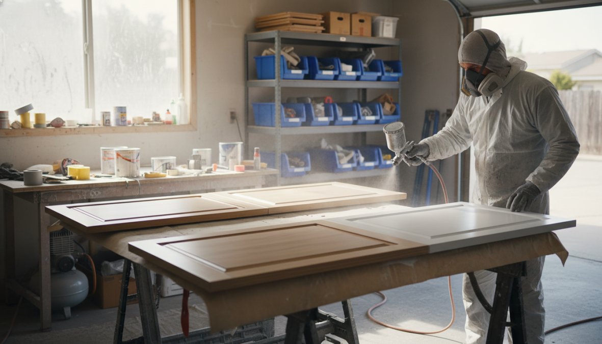 A professional painter using an airless sprayer to apply a smooth white coat of paint to cabinet doors laid flat on a workbench in a well-lit garage workshop, hinges and hardware removed and set aside on a nearby shelf