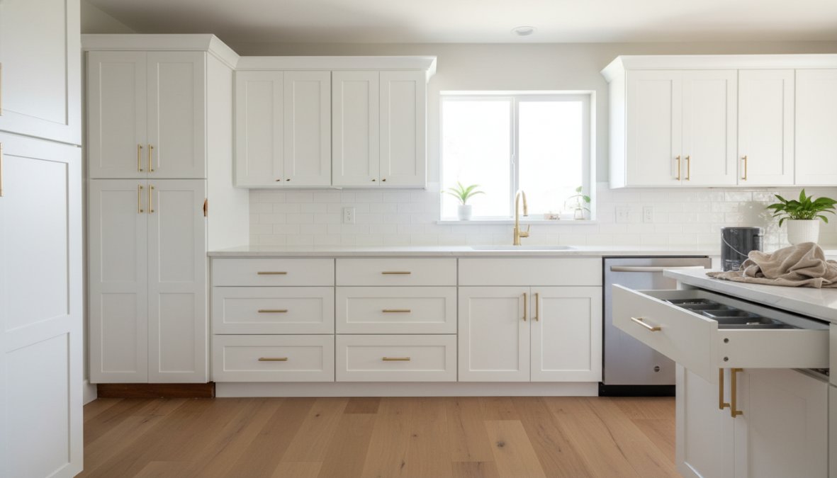 Bright modern kitchen with freshly painted white cabinet doors and drawer fronts showing a smooth, consistent finish with updated brushed nickel cabinet hardware and clean subway tile backsplash under warm overhead lighting