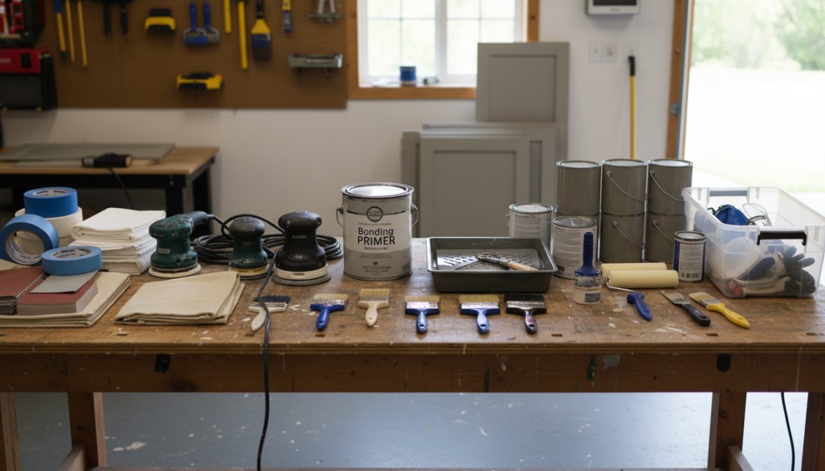Professional painter in safety glasses carefully sanding a flat cabinet door on a well-lit workshop workbench, with cans of primer and painting supplies organized neatly in the background