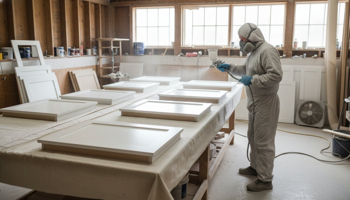 A professional painter in protective gear using a spray application gun to refinish white kitchen cabinet doors laid flat on a workbench in a well-lit workshop