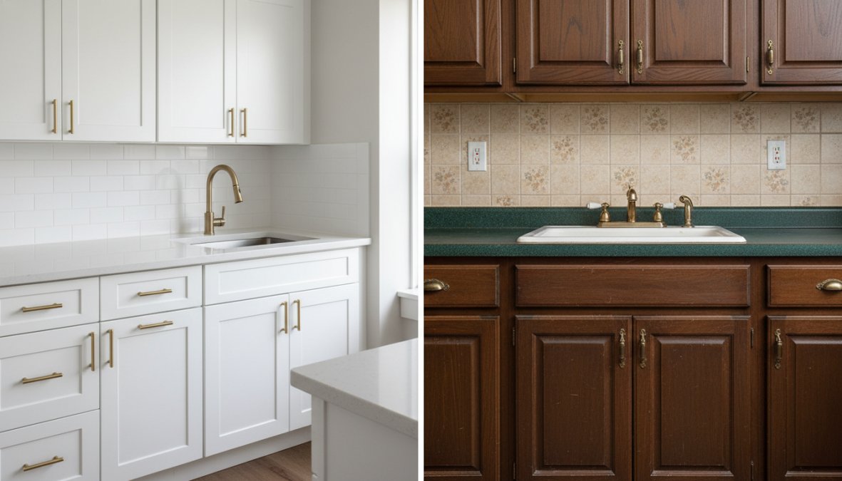 A bright, renovated kitchen with freshly painted white cabinet boxes and doors showing a clean durable finish and updated cabinet hardware, contrasted against an older-style wood-toned kitchen visible through a doorway in the background