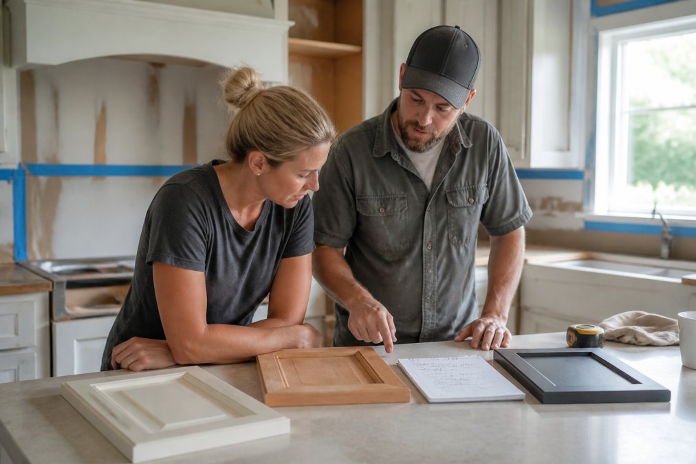 Homeowner and contractor reviewing cabinet samples to compare kitchen cabinet painting vs replacement cost.