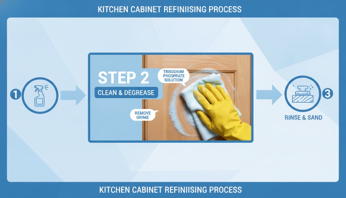 Close-up of gloved hands wiping a wooden cabinet door with a damp cloth soaked in trisodium phosphate solution, showing the wood grain texture becoming visible as the grease film is removed, under bright workshop lighting