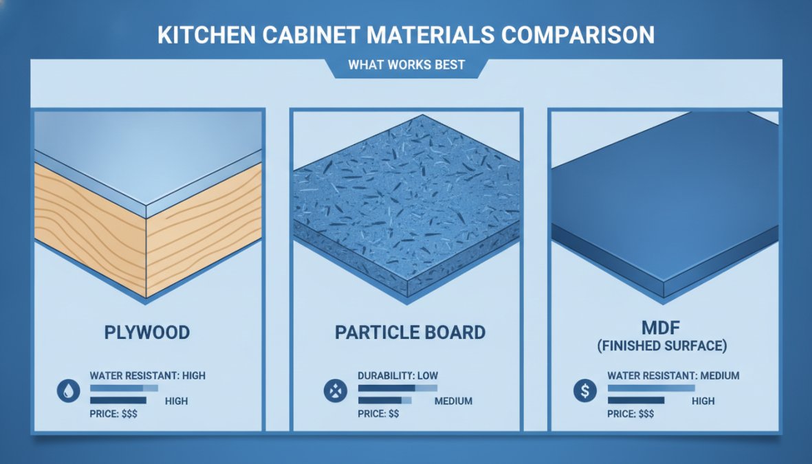 Close-up of different cabinet materials side by side, plywood, particle board, and finished surfaces, showing texture and quality differences in natural lighting