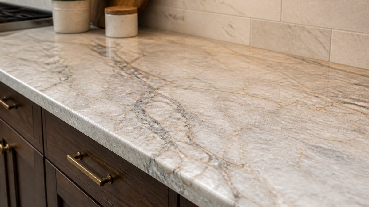 Close-up of installed kitchen countertop showing natural stone veining with warm ambient lighting, featuring adjacent cabinetry and tile backsplash