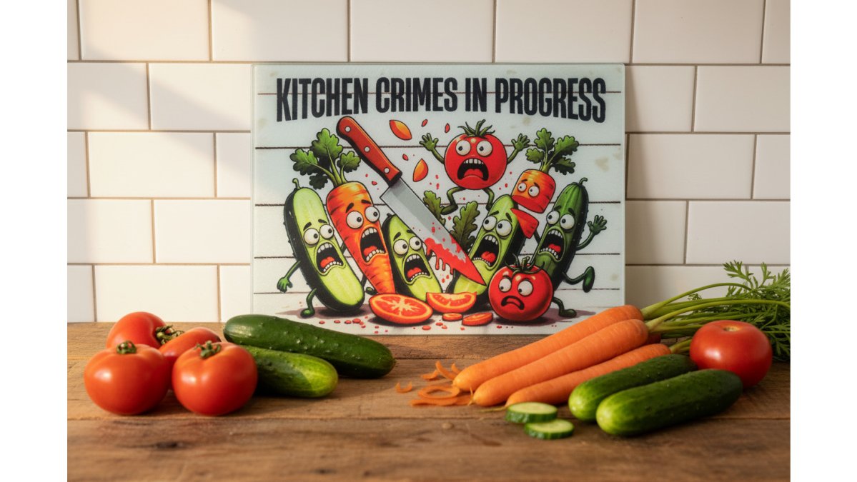 "Kitchen Crimes In Progress" Glass Cutting Board
