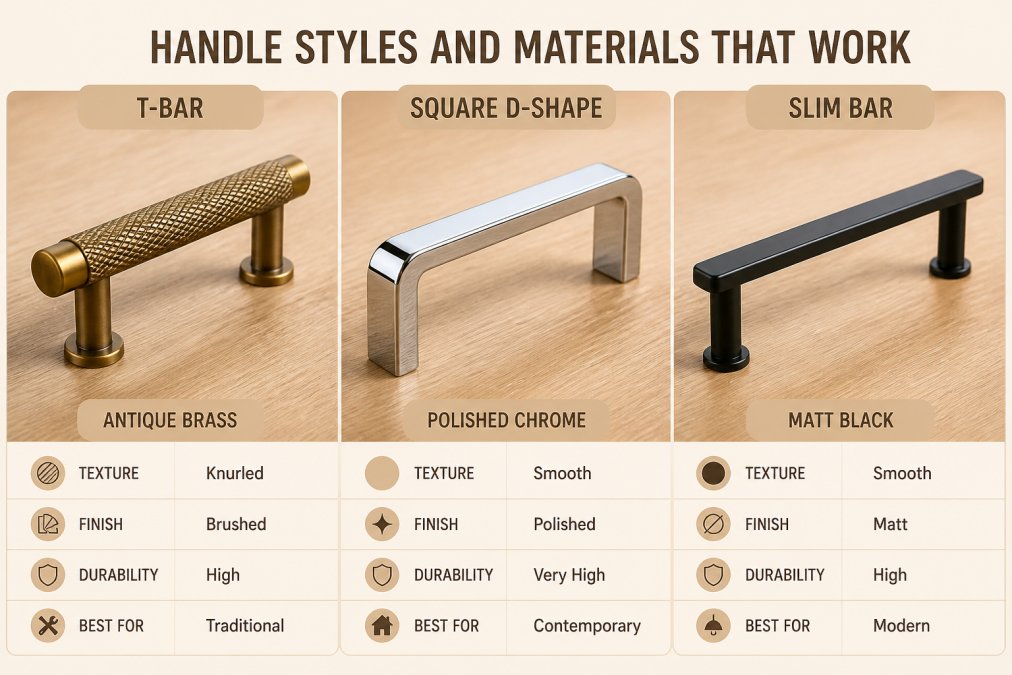 Close-up of various kitchen cupboard handles displayed on wooden surface showing antique brass T-bar with knurled texture, polished chrome square D-shape, and matt black slim handle side by side with natural lighting