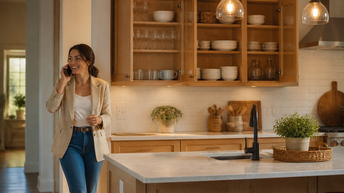 Modern kitchen with open wall cabinets featuring double-door cupboards in natural oak finish, displaying organized white dishware and glassware inside, with warm pendant lighting above the counter