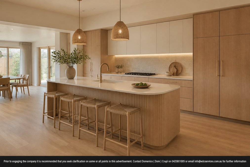 Modern kitchen featuring warm neutral cabinetry with soft curved lines, natural wood grain finishes, and clean contemporary aesthetics with bright natural lighting