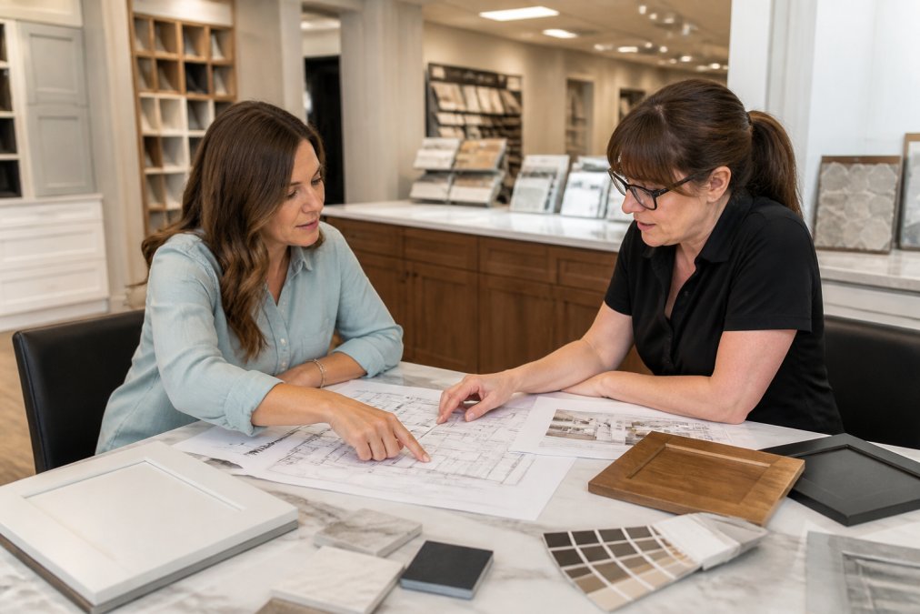 Professional kitchen designer and homeowner reviewing detailed floor plans and cabinet samples spread across a design table at a showroom, with blueprints and color swatches visible under bright overhead lighting