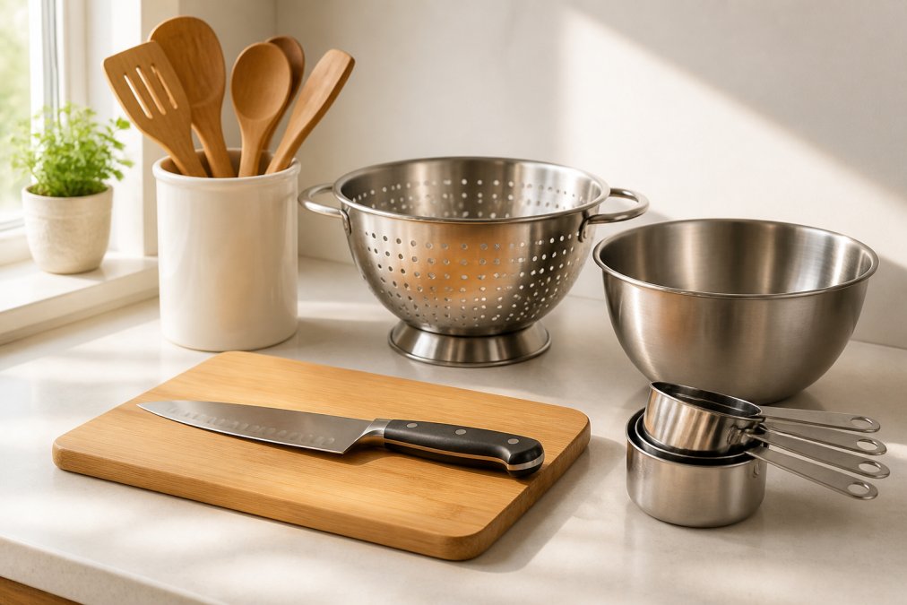 Organized kitchen counter displaying essential tools: chef's knife, cutting board, wooden spoons, measuring cups, mixing bowl, and colander arranged neatly on white surface with natural morning light streaming across