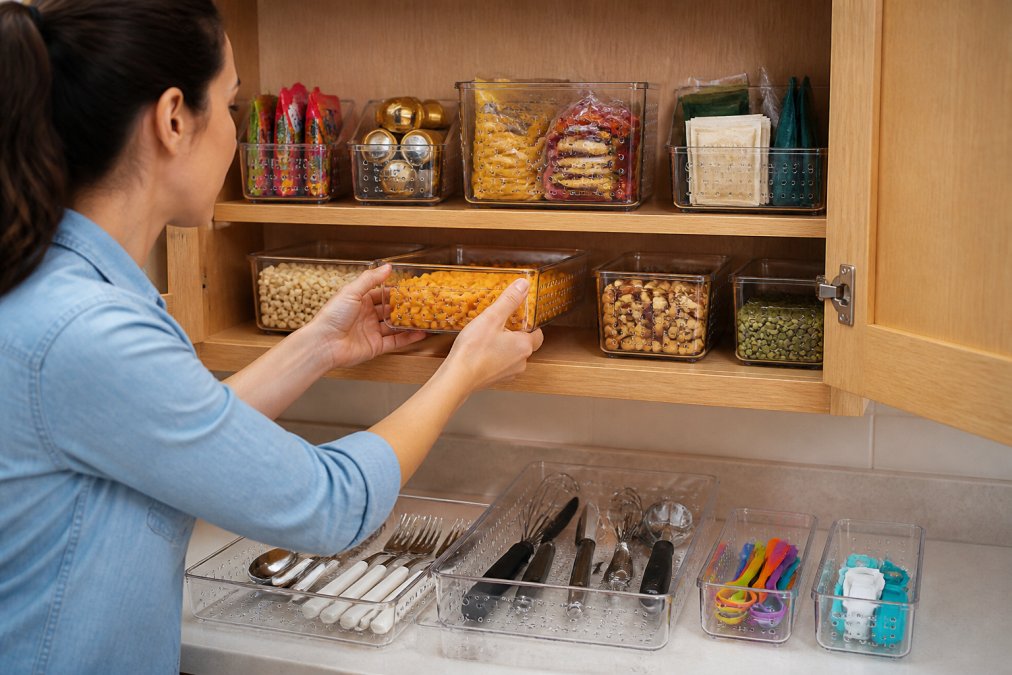 Person organizing clear plastic storage bins and drawer organizers in a kitchen cabinet, showing practical storage setup with visible contents of snacks, utensils, and kitchen gadgets neatly arranged