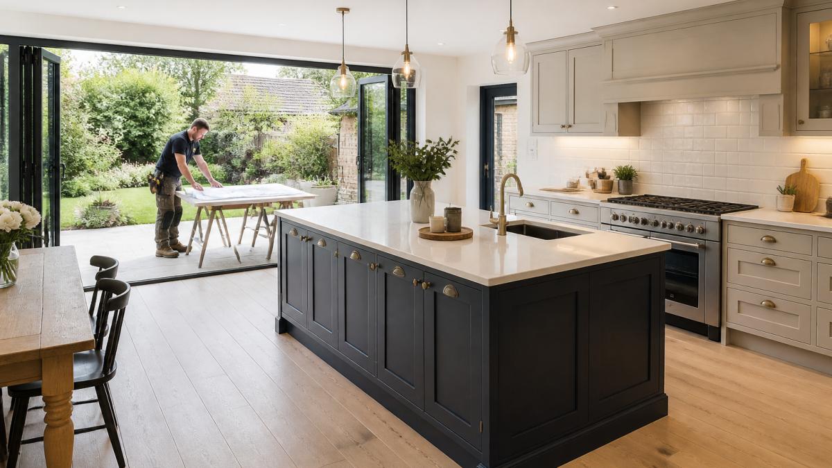A bright, newly finished open-plan kitchen with a rear extension, bi-fold doors open onto a garden patio, and a builder in the background reviewing plans on a table