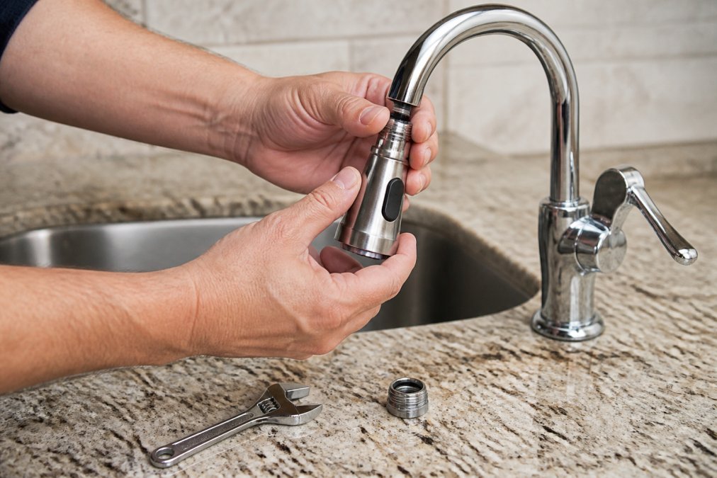 Hands using a wrench to secure a kitchen faucet sprayer attachment onto a sink spout with parts nearby