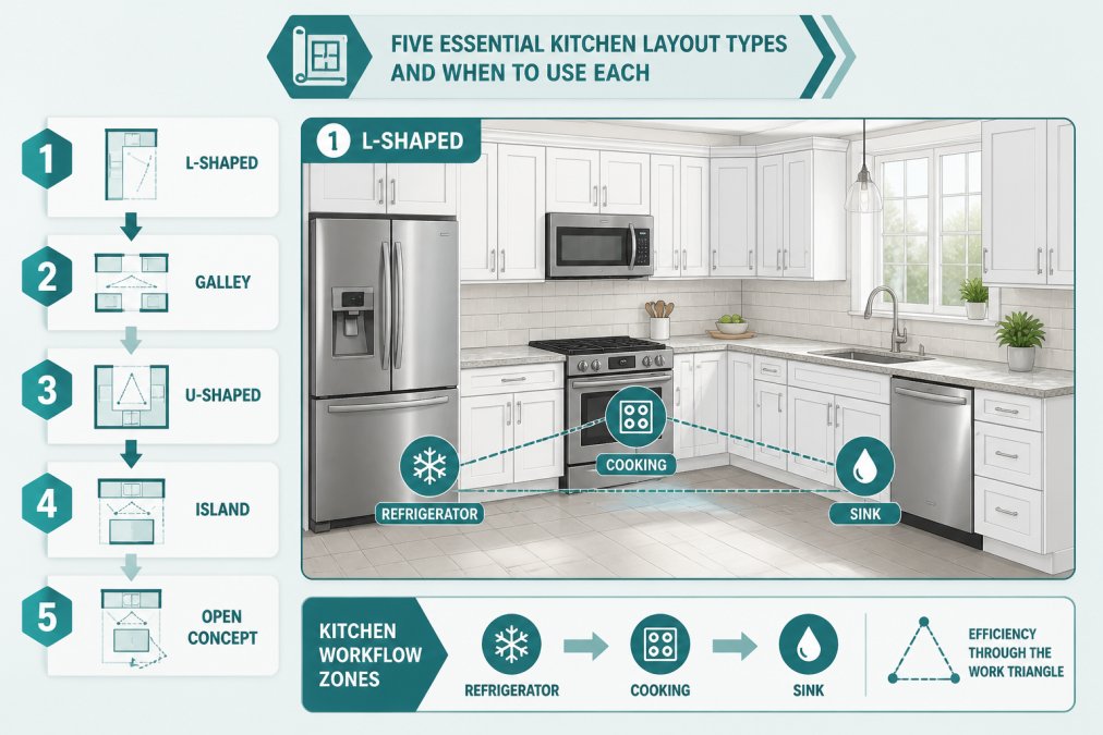 Modern kitchen with L-shaped white cabinetry, stainless steel appliances, and light granite countertops showing efficient workflow zones with natural window lighting
